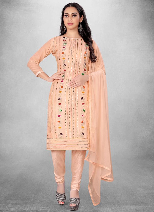 Chanderi Peach Casual Wear Embroidery Work Churidar Suit